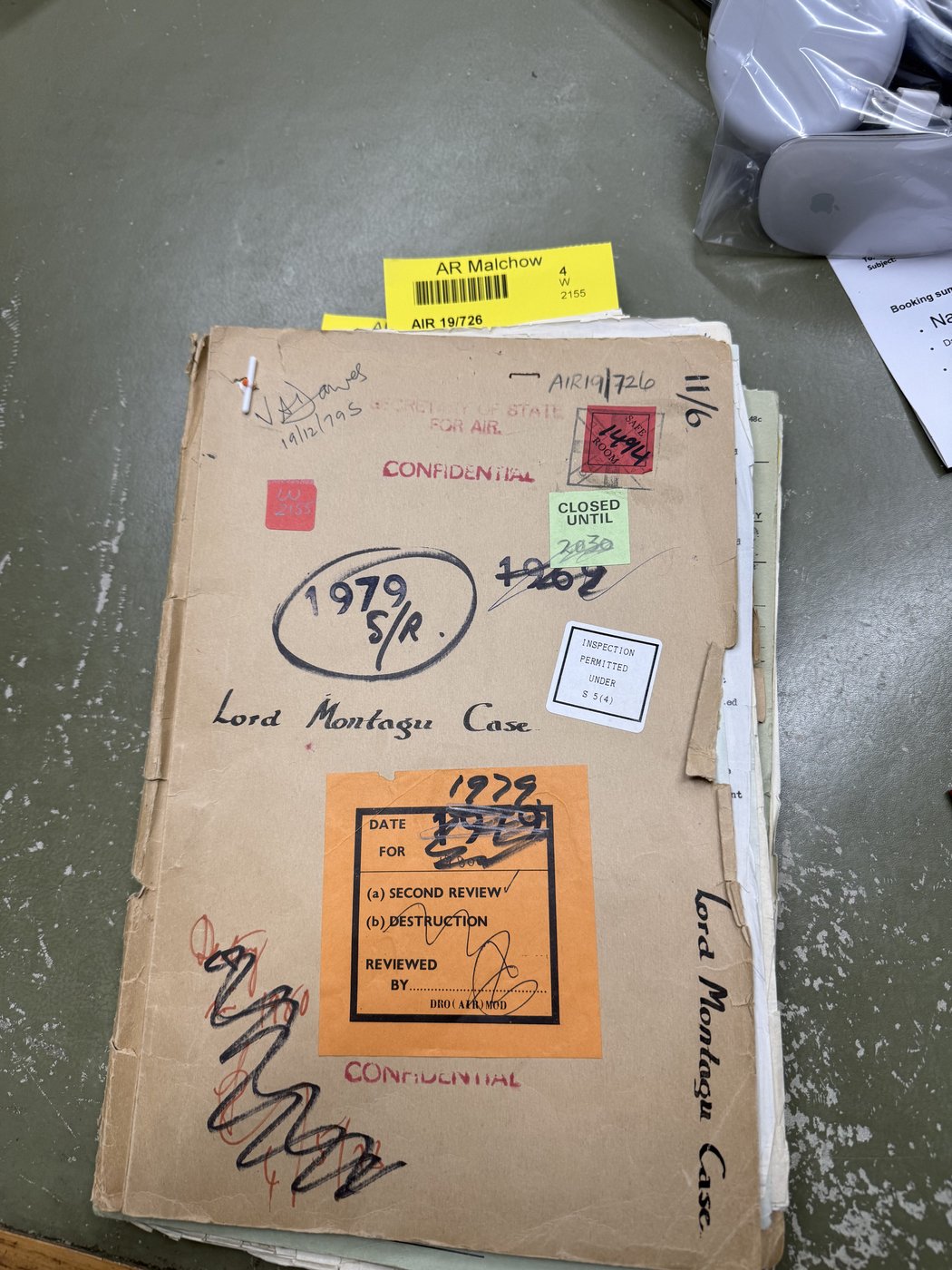 Cover of the Lord Montagu Case file at The National Archives, marked CONFIDENTIAL with closure stickers including 'CLOSED UNTIL 2030'