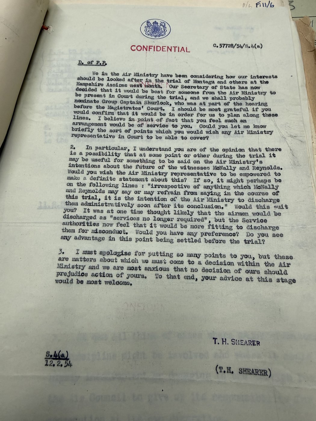 Confidential typed minute sheet from C.57728/54/S.4(a) signed T.H. Shearer, dated 12 February 1954, regarding Air Ministry interests in the trial of Montagu and others at Hampshire Assizes
