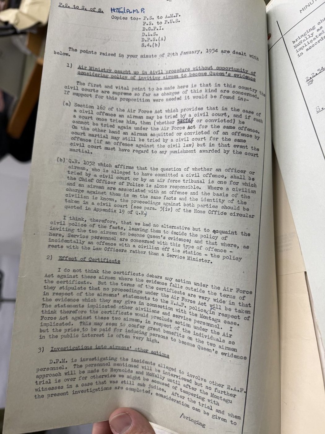 Typed minute from P.S. to S. of S., 29 January 1954, signed A.M.P., addressing whether to claim Crown privilege over RAF documents subpoenaed by the defense